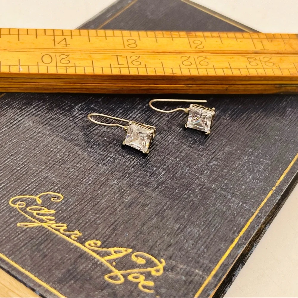 Simple artisan 925 silver shepherds hook rectangular clear rhinestone earrings